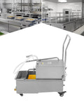 Pro Grade Mobile Fryer Oil Filter Cart Featuring A Rock Solid 550 Watt Pump And Slick Grease Trapping Mesh in a commercial kitchen setting.