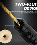 EZARC 12-piece countersink drill bit set with magnetic holder; close-up of two-flute countersink cutting into wood.