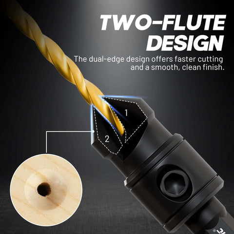 EZARC 12-piece countersink drill bit set with magnetic holder; close-up of two-flute countersink cutting into wood.
