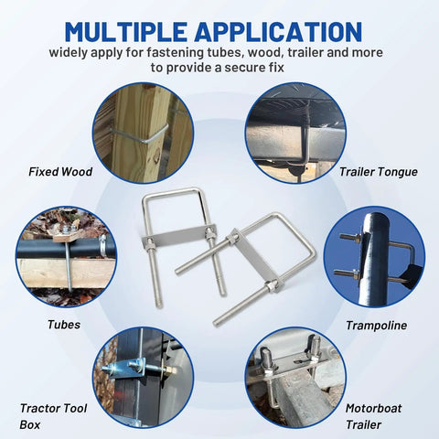 Beefy Heavy Duty Square U Bolts Kit With Frame Plates And Nuts Three Eighths Inch Diameter By Three Inch Wide By Seven Inch Long Stainless Steel U Clamp Bolts For Cars Trailers Ski Boats Tubes And Sailboats in multiple applications like wood, trailer tongues, trampolines, and motorboats.