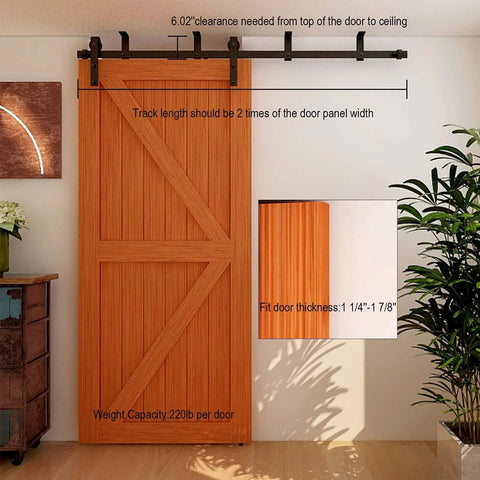 Ceiling Mount Sliding Barn Door Hardware Kit For Low Ceiling Spaces With L Shape Bracket System Fits 36 Inch Wide Single Wood Doors Heavy Duty Carbon Steel Hangers Supports Up To 220 Lb Per Door installed on wooden door.