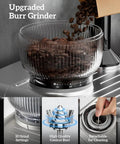 All-In-One Espresso Machine With Built-In Grinder, 58mm Portafilter, 15 Bar Pressure showing upgraded burr grinder with coffee beans