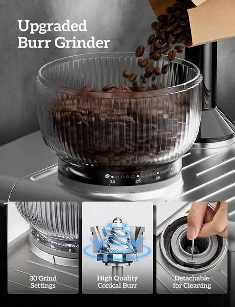 All-In-One Espresso Machine With Built-In Grinder, 58mm Portafilter, 15 Bar Pressure showing upgraded burr grinder with coffee beans