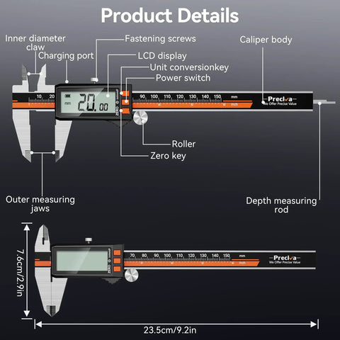 Rechargeable Digital Caliper 6 Inch 150 mm Stainless Steel With IP54 Protection showing LCD screen and measurement components