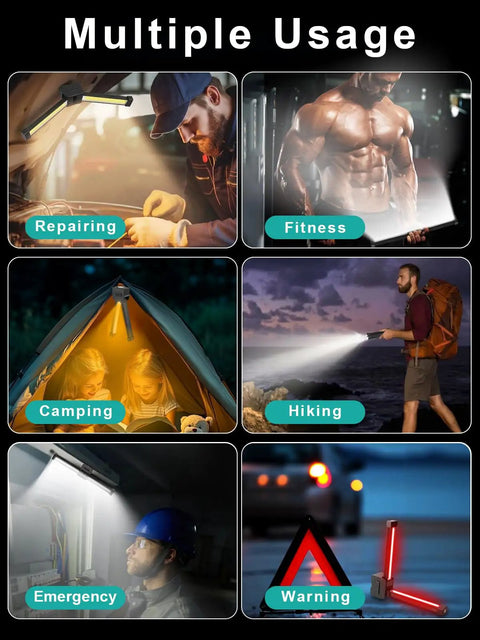Collage showing Portable Gym Lighting For Posing And Outdoor Use Your Go To Magnetic Rechargeable Work Light in repairing, fitness, camping, hiking, emergency, warning scenarios.