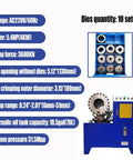 Heavy Duty Electric Hydraulic Hose Crimper Benchtop Workhorse With Ten Precision Dies Auto And Manual Modes For Rubber Lines 220V Three Phase in blue with detailed specs.