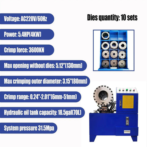 Heavy Duty Electric Hydraulic Hose Crimper Benchtop Workhorse With Ten Precision Dies Auto And Manual Modes For Rubber Lines 220V Three Phase in blue with detailed specs.