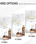 Totally Chic Modern Farmhouse Gold 8 Light Chandelier For Dining Room And Living Spaces with three size options, candle bulbs