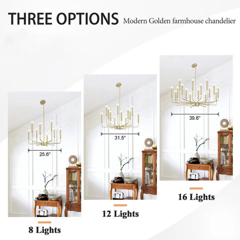 Totally Chic Modern Farmhouse Gold 8 Light Chandelier For Dining Room And Living Spaces with three size options, candle bulbs