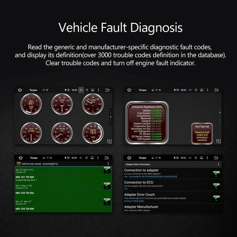 OBD2 Bluetooth Diagnostic Scanner for Android head units displaying fault codes and diagnostics on car stereo interface.