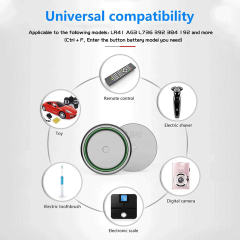 Hassle Free High Capacity Alkaline Button Batteries 40 Pack Real Deal Fit For LR41 AG3 L736 392 384 192 Reliable 1.5V Coin Cells compatibility chart.
