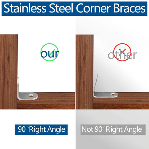 Comparison of stainless steel corner braces showing our 90° right angle brace versus a non-right angle brace.