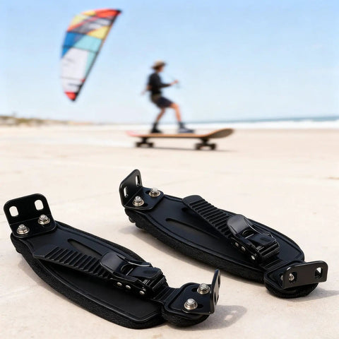 Secure Foot Holder Straps for Electric Scooters and Longboards on sandy beach with kite surfer in background