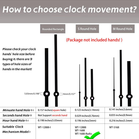 Illustration of clock hand hole sizes for DIY Clock Repair Kit With 28mm Shaft Quartz Movement High Torque Battery Operated Silent Sweeping Mechanism Easy Fix For Wall Clocks Includes Metal Hanger Rubber Pad Washer And Hex Nut For Quick Setup