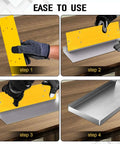 Steps to use 12 Inch Sheet Metal Bender Tool for duct bending and HVAC projects with dual folding depths, shown with gloved hands.