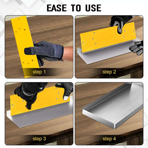 Steps to use 12 Inch Sheet Metal Bender Tool for duct bending and HVAC projects with dual folding depths, shown with gloved hands.