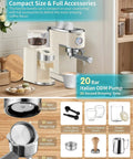 Top Tier 20 Bar Espresso Machine With Precision Burr Grinder And Full Steam Wand For Shop Style Lattes Cappuccinos And Perfect Daily Brews That Hit Different Every Time on a countertop with accessories.