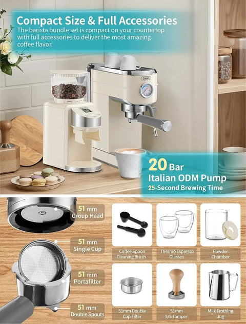 Top Tier 20 Bar Espresso Machine With Precision Burr Grinder And Full Steam Wand For Shop Style Lattes Cappuccinos And Perfect Daily Brews That Hit Different Every Time on a countertop with accessories.
