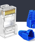 Close-up of transparent ethernet connector and blue cable boots in All In One Crimping Tool Kit For Ethernet And Phone Cables With RJ45 Cutter Wire Stripper And Network Crimper Portable Cable Connector Crimper For LAN Setup And Internet Repair On The Go.