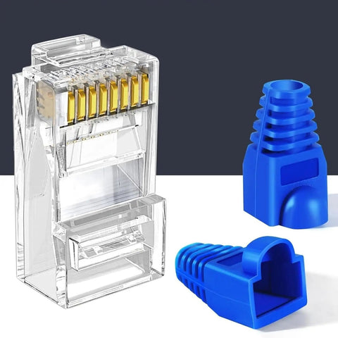 Close-up of transparent ethernet connector and blue cable boots in All In One Crimping Tool Kit For Ethernet And Phone Cables With RJ45 Cutter Wire Stripper And Network Crimper Portable Cable Connector Crimper For LAN Setup And Internet Repair On The Go.