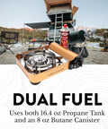 Dual Fuel Portable Gas Stove With Carrying Case - Propane Or Butane Camp Stove at outdoor campsite with butane canister