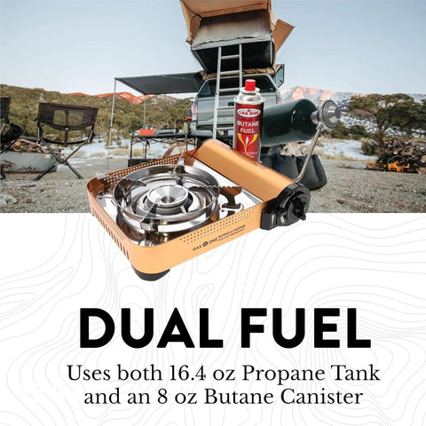 Dual Fuel Portable Gas Stove With Carrying Case - Propane Or Butane Camp Stove at outdoor campsite with butane canister