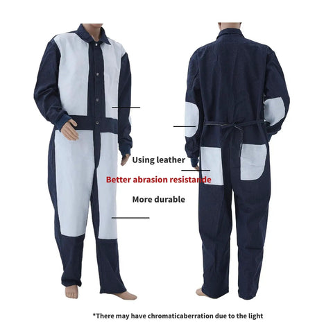 Heavy Duty Leather Blast Suit For Spray Painting And Sandblasting, Protective Denim And Leather Overalls with back details