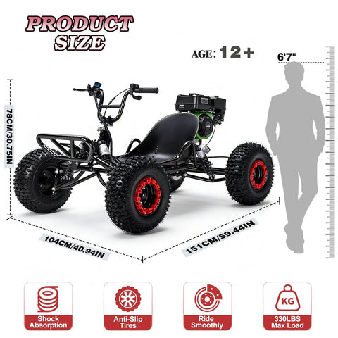 Gas Powered Go Kart For Adults And Kids With 7 Inch Off Road Tires 31 MPH Top Speed Two Point Five Liter Fuel Tank on display