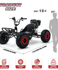 Gas Powered Go Kart With 4 Stroke Engine And CVT, 7 Inch All Terrain Tires, Heavy Duty Steel Frame, shown with size dimensions.