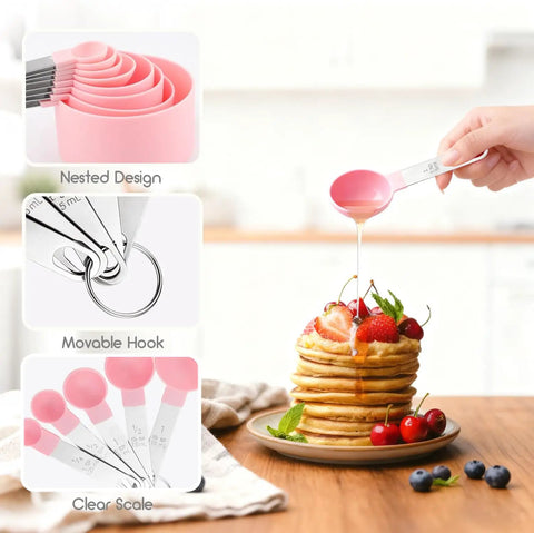 Stackable Measuring Cups And Spoons Set 10 Piece With Stainless Steel Handles Pink Kitchen Gear in use while serving pancakes.