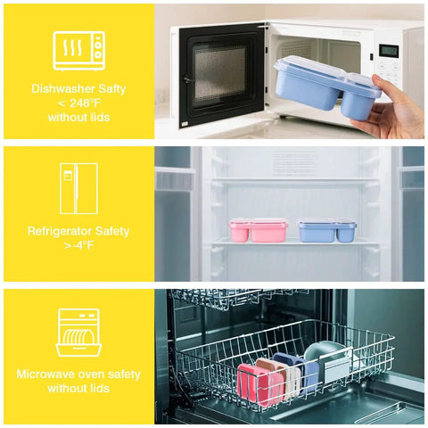 Two Compartment Reusable Snack Containers With Lids For Go-To Meal Prep On The Go shown in microwave, fridge, and dishwasher