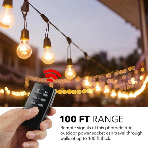Weatherproof Wireless Plug And Play Remote Control Outlet Kit With 3 Prong Outlets Heavy Duty 15 Amp Compact Remote 6 Inch Cord 100 Foot Range ETL Listed Includes Battery Indoor Outdoor Use