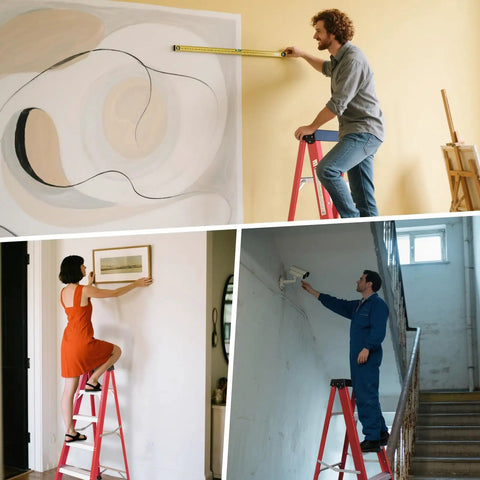Heavy Duty 5 Step Fiberglass Ladder Foldable With Tool Tray Non Slip Wide Treads in use for home projects and repairs.