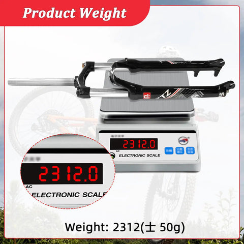 Beefy 26 Inch MTB Suspension Fork With 120Mm Travel And Crown Lockout, 28.6Mm Straight Steerer, 9Mm QR on electronic scale, weight 2312g