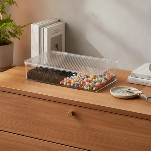 Clear Pet Storage Bin Kick Clutter To The Curb In Style Slick Transparent Plastic Organizer for colorful snacks on wooden surface.