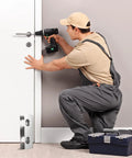 Worker installing Four Pack Door Reinforcement Plates for One and Three Quarters Inch Thick Doors Stainless Steel Jamb Plate.