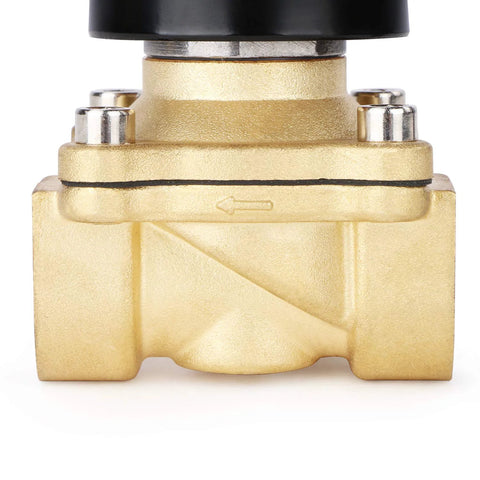Brass 3/4-inch electric solenoid valve with black actuator, front view