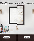 Before and after clutter comparison with espresso medicine cabinet, showcasing bathroom counter organization.