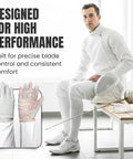 Pro Fencing Glove For Foil, Epee, And Saber with non slip pro grip silicone and Velcro closure shown with fencer on bench.