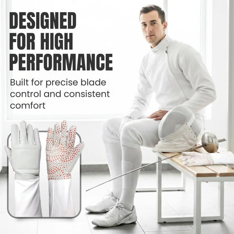Pro Fencing Glove For Foil, Epee, And Saber with non slip pro grip silicone and Velcro closure shown with fencer on bench.
