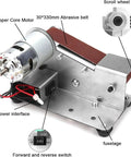 High Performance Mini Electric Belt Sander With Variable Speed Control And Reverse Switch Kickass Bench Grinder Station showing copper motor and abrasive belt.