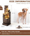 Dog next to 38.2 Inch Solar Powered Outdoor Water Fountain With Four Tier Cascading Bowls And Stacked Stones LED Lights