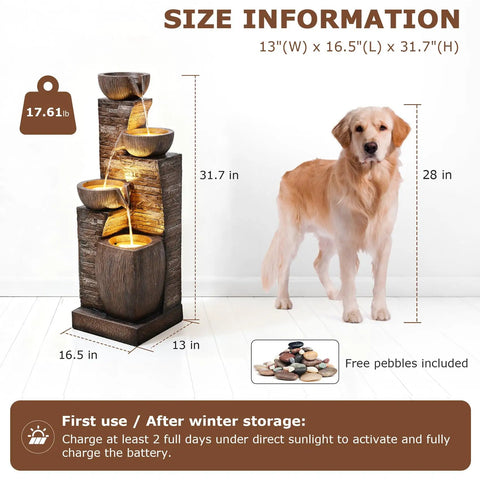Dog next to 38.2 Inch Solar Powered Outdoor Water Fountain With Four Tier Cascading Bowls And Stacked Stones LED Lights