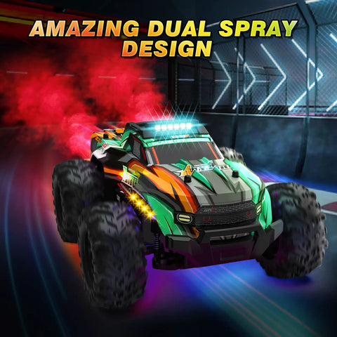 All Terrain One Sixteenth Scale RC Monster Truck With LED Lights displaying dual spray design and colorful LED effects