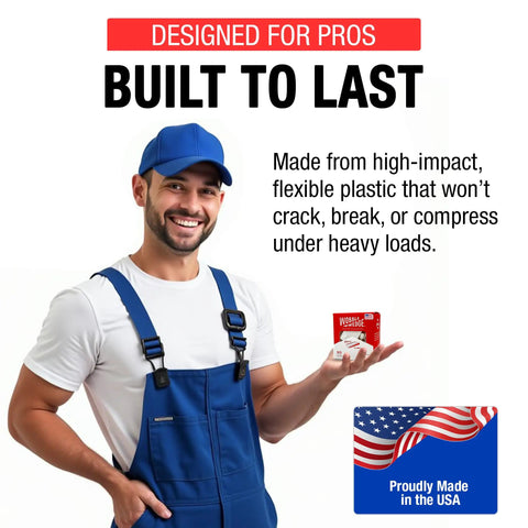 Smiling man in blue overalls with Wobble Wedge Flexible Plastic Shims 30 Pack For Home Improvement And DIY Furniture Leveling Toilet Leveler White Wedges For Tables Wood Floors And Tile Easy Stabilizers For Uneven Surfaces Made In USA box.