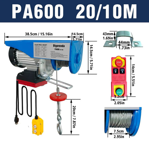Bigorenda 1320Lb Electric Hoist With Wireless Remote And Wired Control, Dual Lifting Speeds For Garage Or Warehouse, Heavy Duty Motorized Winch System For Smooth Operation, displayed with dimension details and motor specifications.