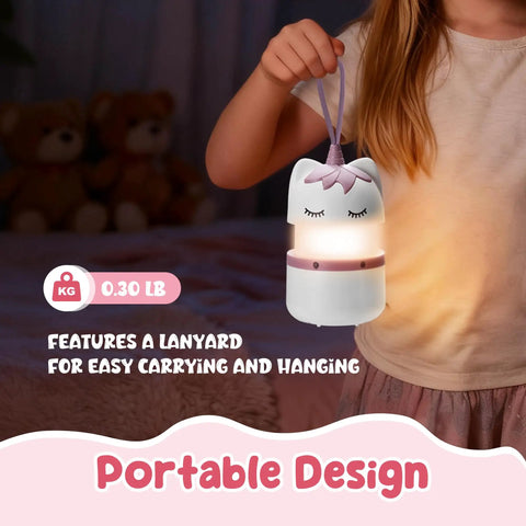 Child holding Two Pack Unicorn Themed Kids Camping Lanterns With RGB Multicolor Lights Battery Powered With Handy Lanyard