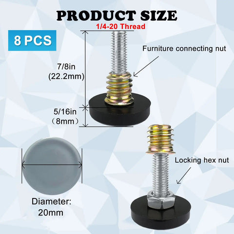 One Quarter Inch Thread Leveling Feet With PTFE Bottom Pro Grade Adjustable Furniture Levelers With Screw In Design Twenty Millimeter Base Eight Pack For Quiet Floor Safe Glide On Carpet And Hardwood Surfaces