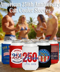 Patriotic 250th Anniversary Can Cooler Sleeves 12 Pack Neoprene Insulated Beverage Holders with festive USA designs by a poolside.