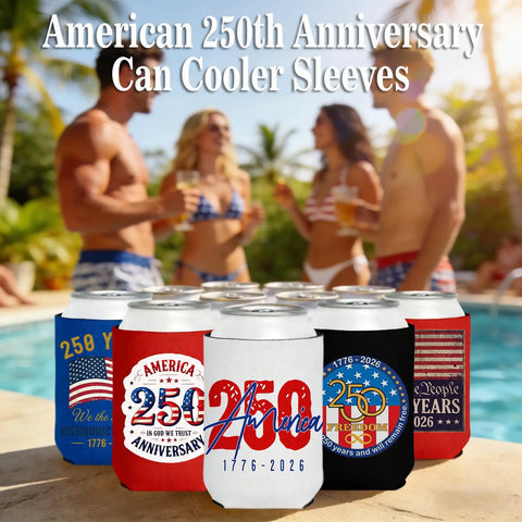 Patriotic 250th Anniversary Can Cooler Sleeves 12 Pack Neoprene Insulated Beverage Holders with festive USA designs by a poolside.